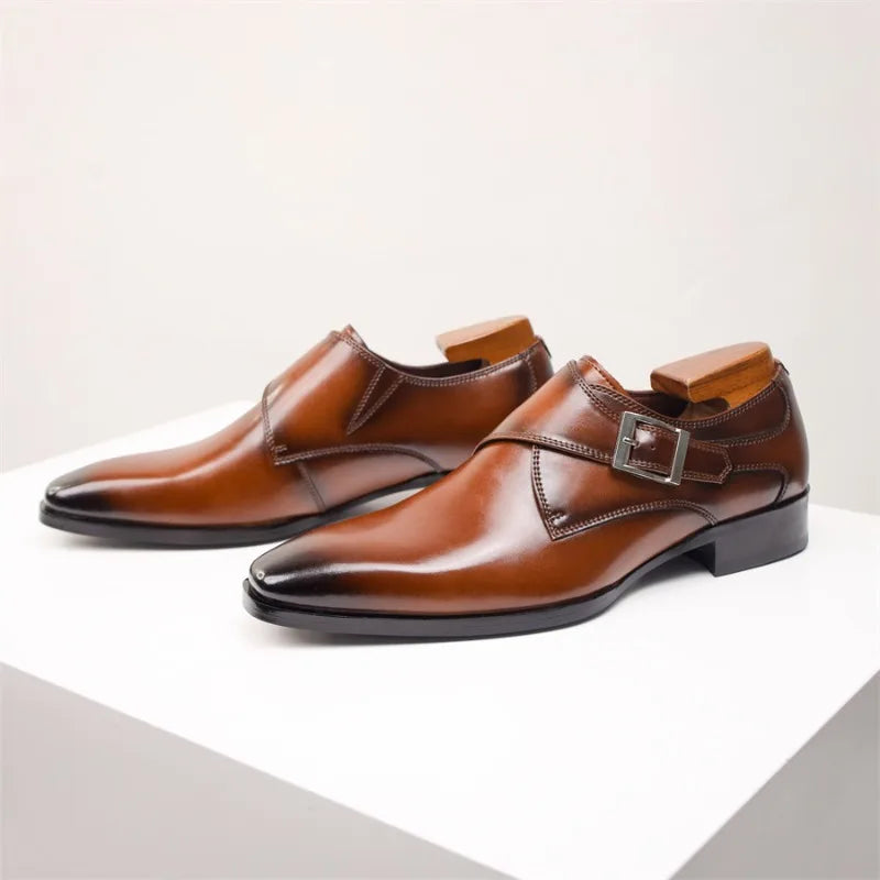 Men’s Genuine Leather Monk Strap Shoes - Single Buckle Classic Business & Wedding Dress Shoes