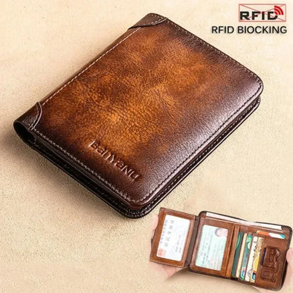 Genuine Leather Men’s RFID Blocking Trifold Wallet – Vintage Thin Short Multi-Function Card Holder ID Window Male Purse Money Wallet