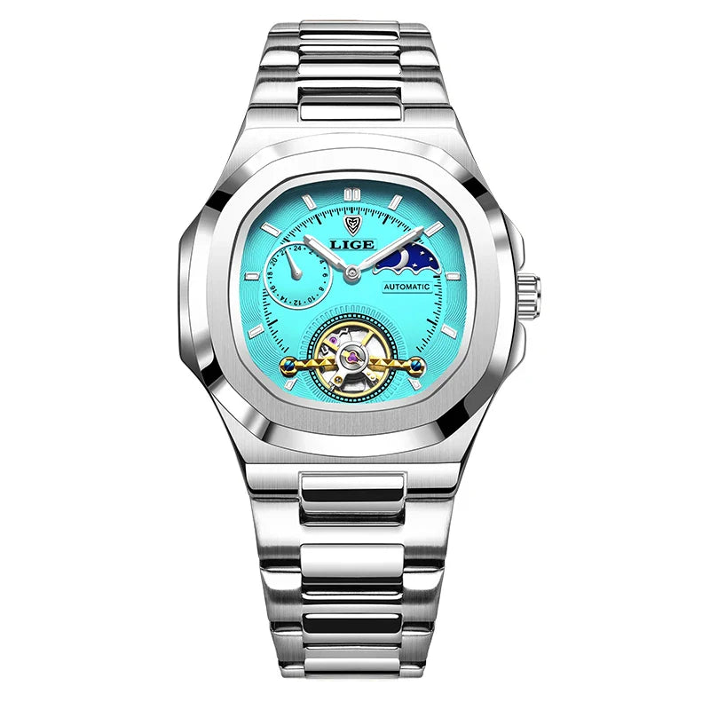 LIGE Dual Seconds Tourbillon Watch – Men's Stainless Steel Mechanical Timepiece, 24H, Night Glow, Waterproof