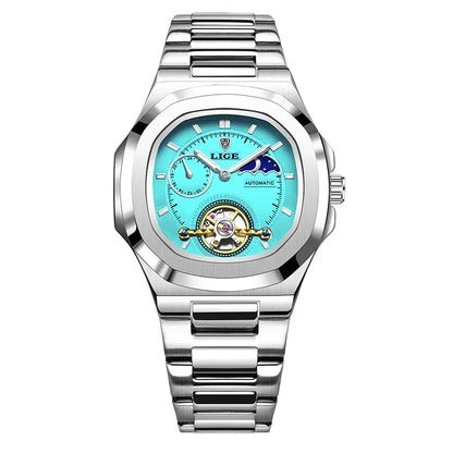 LIGE Dual Seconds Tourbillon Watch – Men's Stainless Steel Mechanical Timepiece, 24H, Night Glow, Waterproof