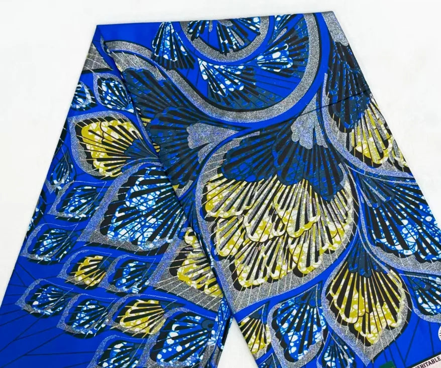 African Golden Glitter Wax Fabric - Soft Cotton Ankara Gold Print Batik 6 Yards