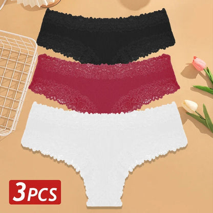 3PCS Women’s Cotton Lace Panties Set - Low Waist Brazilian Bikini Underwear Soft Floral Lingerie T-Back Style