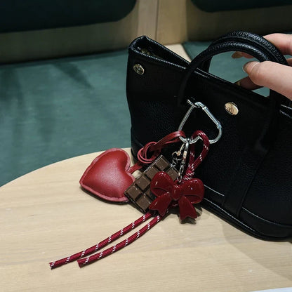 Kawaii Heart Leather Keychain - Trendy Chocolate Pendant Bag Charm Decorative Accessory