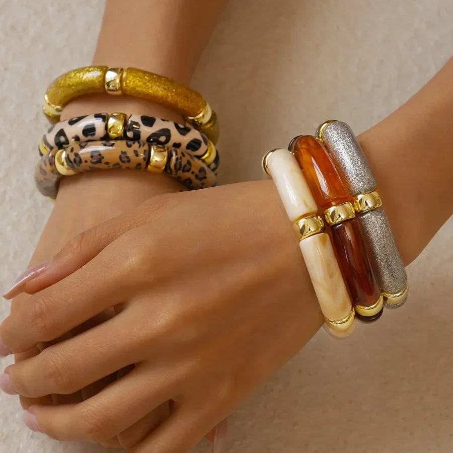 Leopard Print Bamboo Tube Acrylic Bracelets - Retro Stretch Beaded Bangles for Women & Men, Stackable Jewelry Gift