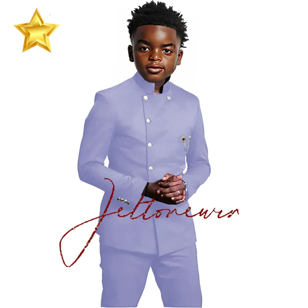 African Style Boys Suit - Stand Collar Blazer and Pants 2 Piece Casual Business Kids Formal Wear