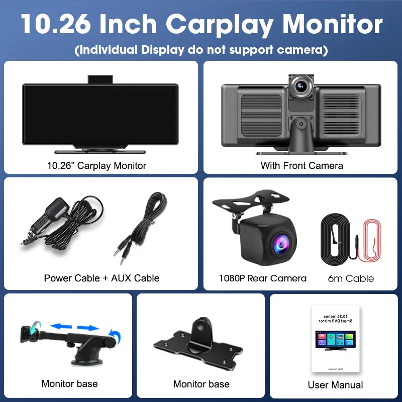 10.26'' 4K Dash Cam Car Mirror Video Player - Wireless CarPlay, Android Auto, GPS, and Rearview Camera Monitor