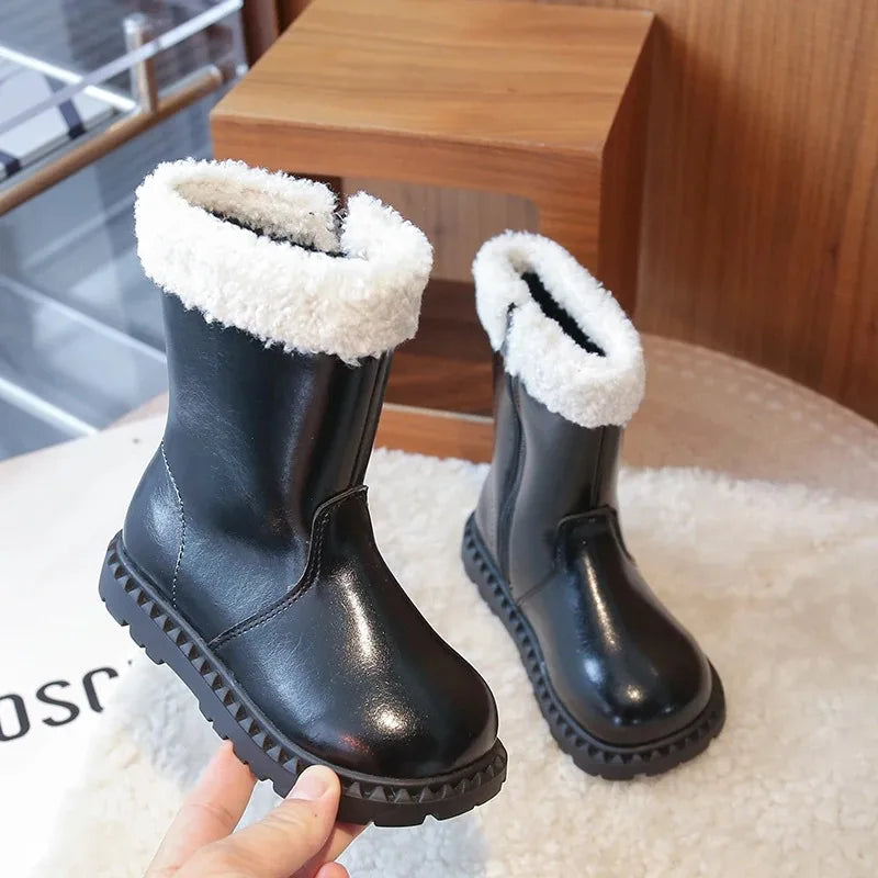 Girls' Wool Winter Boots 2025 – Breathable Lining, Anti-Slip Side Zipper, Fashionable Retro Snow Shoes for Kids