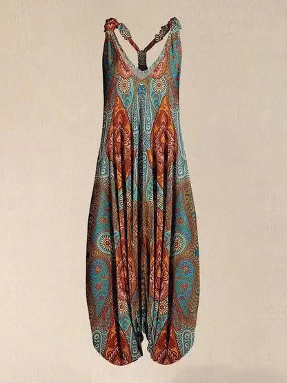 Bohemian Wide Leg Jumpsuit - Vintage Mandala Paisley Print Loose Fit Backless Women Harem Romper