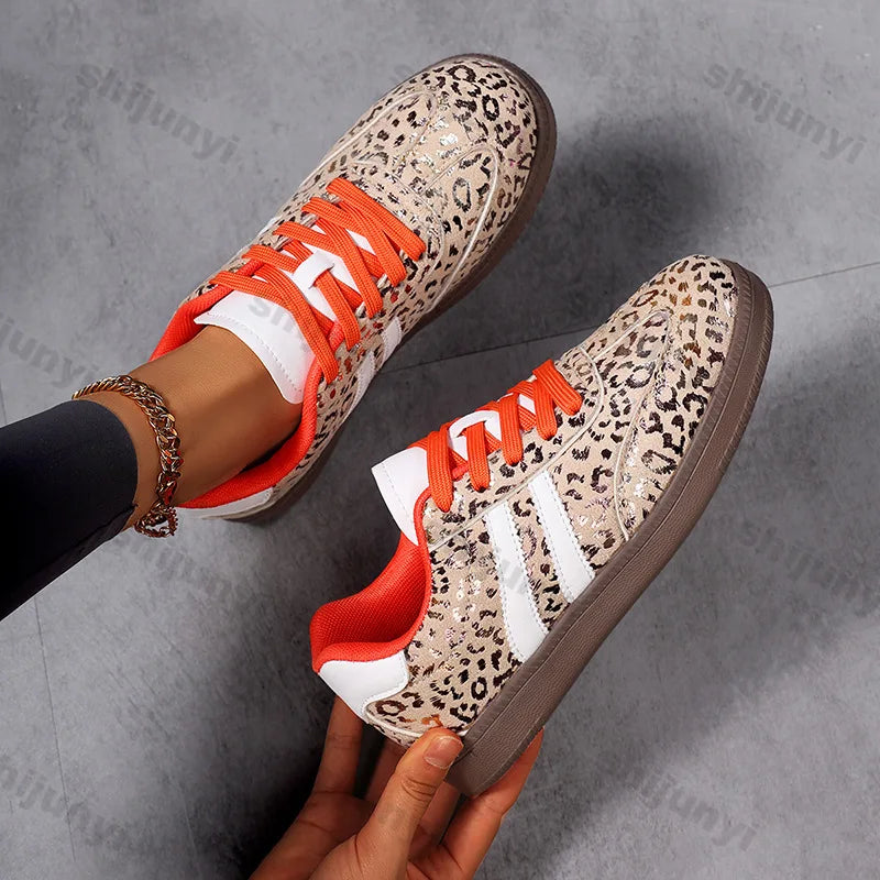 Women’s 2025 Leopard Print Sneakers – Fashionable Outdoor Lace-Up Casual Shoes, Lightweight Comfortable Non-Slip Flats