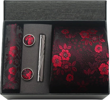 100% Silk Paisley Floral Necktie Set for Men - Premium Business Tie with Pocket Square Tie Clip Cufflinks Gift Box