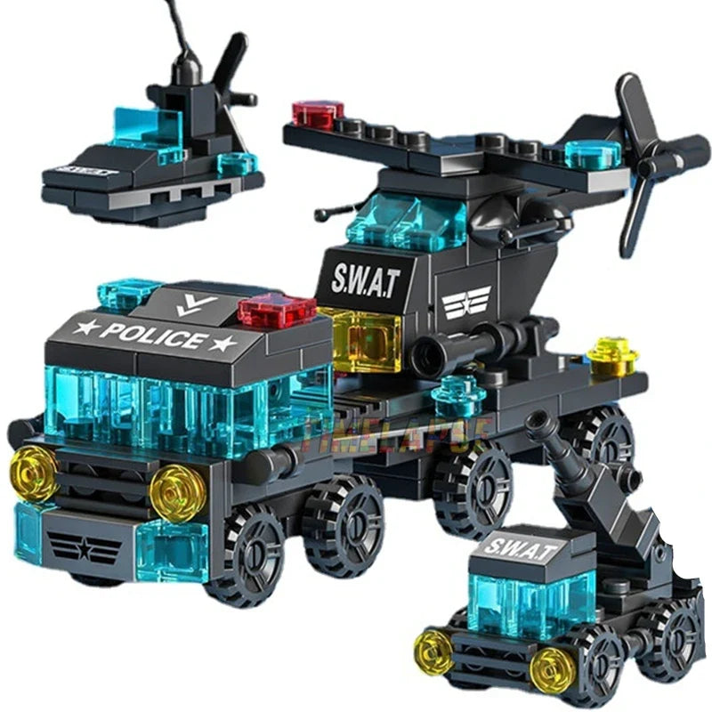 6-in-1 Police Vehicle Building Blocks Set - Tow Truck, Airplane & Mini Loader City Toy