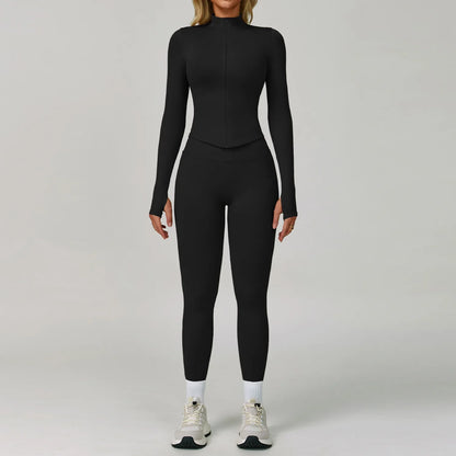 2/3PCS Women’s Seamless Yoga & Gym Set – Push-Up Sports Bra, Long Sleeve Jacket & Workout Leggings