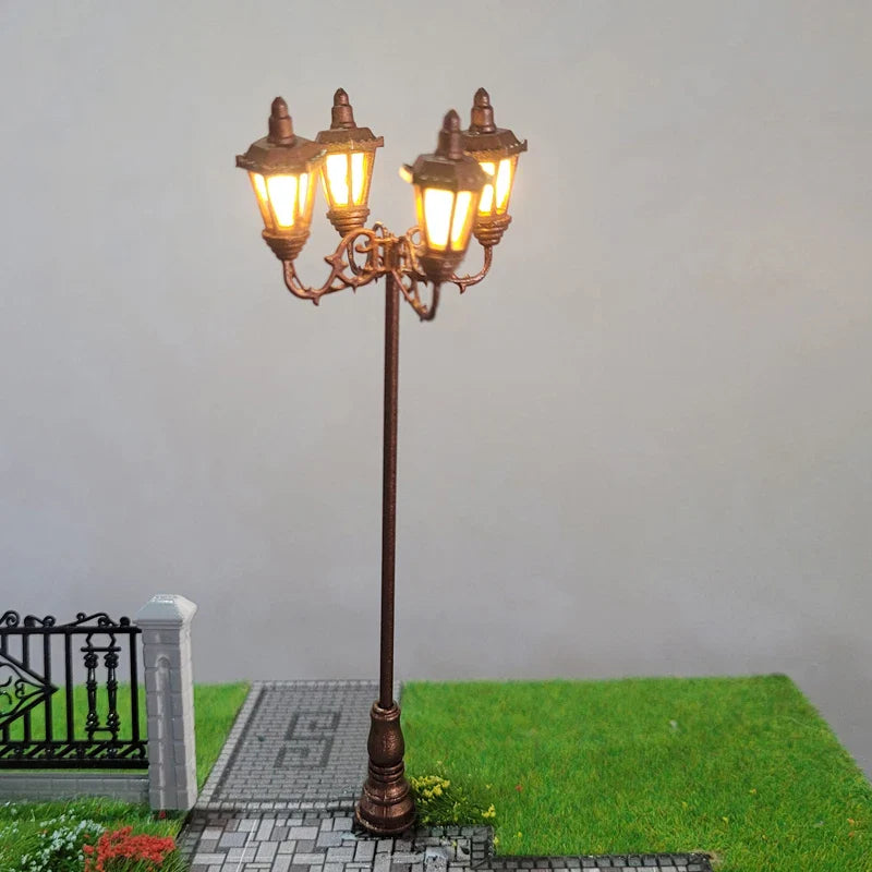 HO Scale Model Lamps – 4-Head 3V Cold White Street & Park Lampposts for Train Layouts & Miniature Gardens