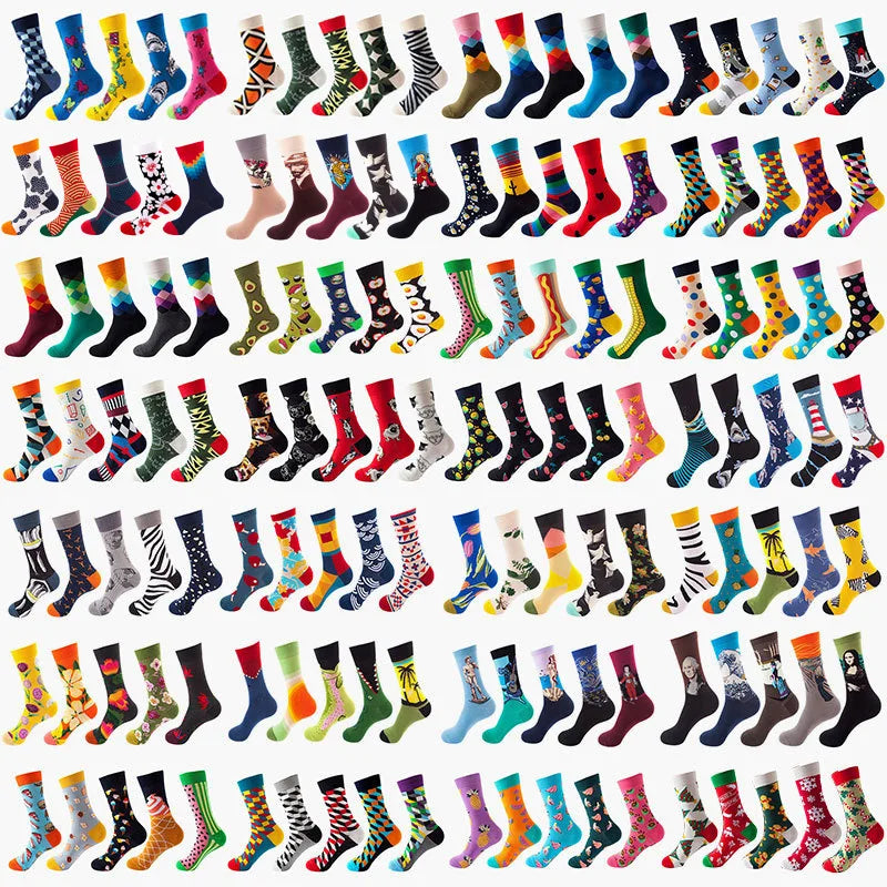 5-Pair Men’s Cotton Sports Socks Pack - Hip Hop Harajuku Pastel Print Long Tube Running Casual Socks