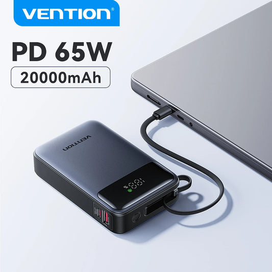 Vention 65W Power Bank - 20000mAh Portable USB-C Fast Charger with Built-In Cable for Laptop iPhone & Samsung Devices