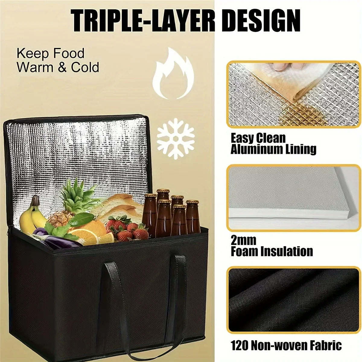 XL/Large Insulated Cooler Bag — Keep Food Hot & Cold for Hours, Grocery Tote, Pizza Warmer, Lightweight & Durable with Zipper