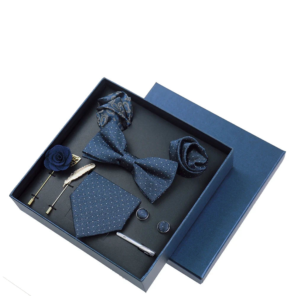 Men’s Luxury Silk Tie Set - 8cm Wedding Necktie with Bowtie, Pocket Square, Cufflinks & Floral Gift Box Accessories