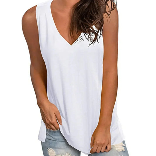 Plus Size Women's V-Neck Tank Top - Loose Sleeveless Solid Color Casual Tee