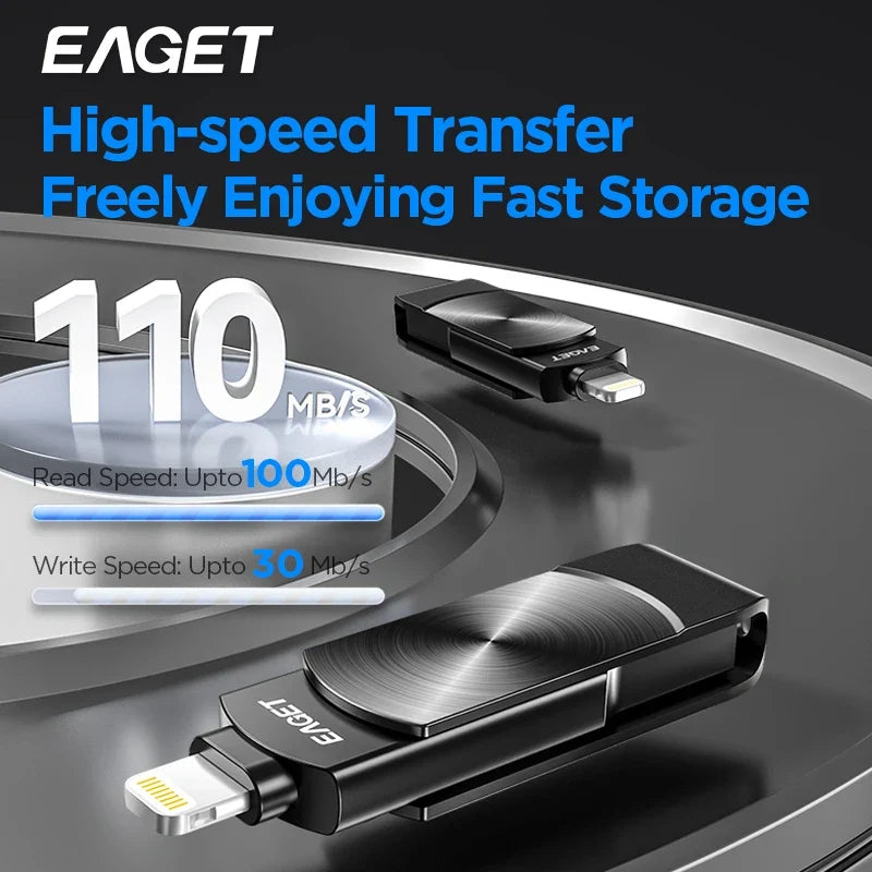 Eaget MFi USB Flash Drive - Lightning to USB 3.2 Memory Stick 64GB 128GB 256GB 1TB for iPhone iPad PC & Laptop