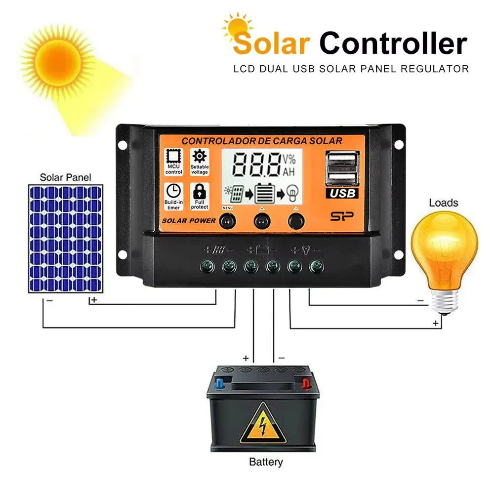 Solar Charge Controller 12V/24V PWM MPPT - LCD Display Battery Regulator with Timer Settings (10A–100A)