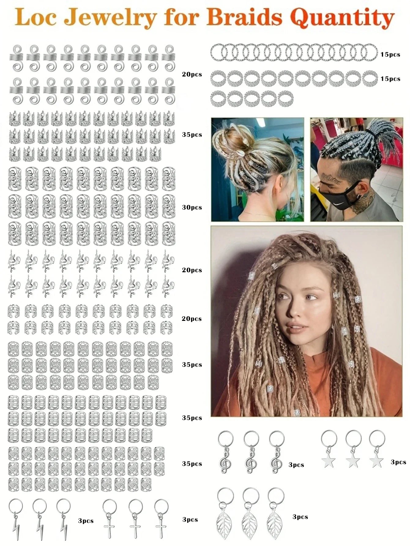 275Pcs Hair Jewelry Charms Set - Gold & Silver Alloy Braid Pendants with Rings for Dreadlocks, Braids & Hair Decorations