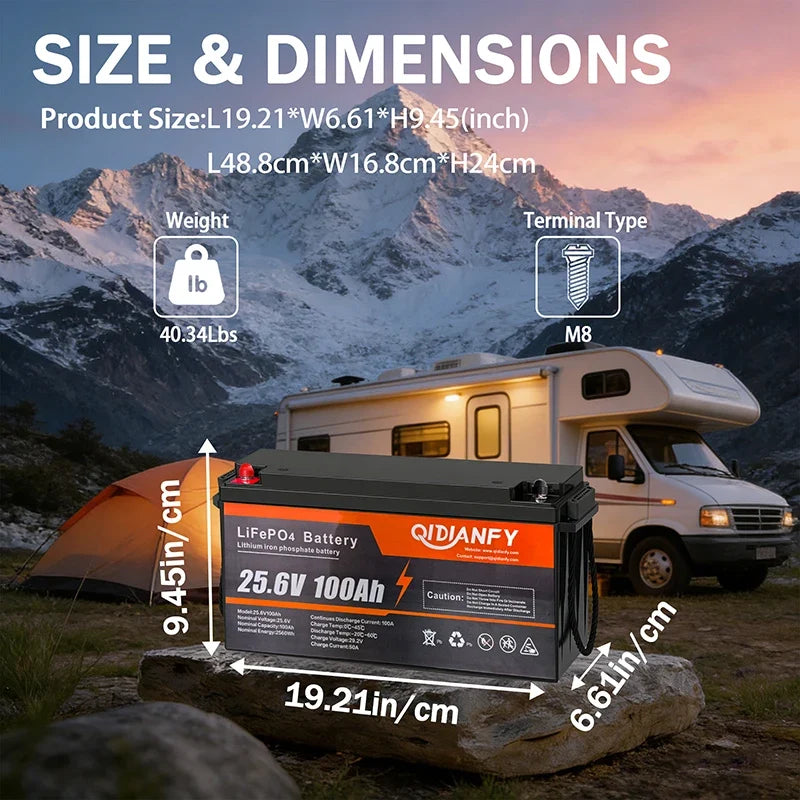 Qidianfy 25.6V 100Ah/200Ah LiFePO4 Battery - 100A Built-In BMS Deep Cycle Power for RV, Solar, Marine & Off-Grid Backup