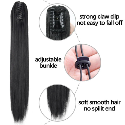 Long Straight Synthetic Claw Clip-On Ponytail Hair Extensions: 24-Inch Heat Resistant Pony Tail Hairpiece - for Daily Party Wear, Women