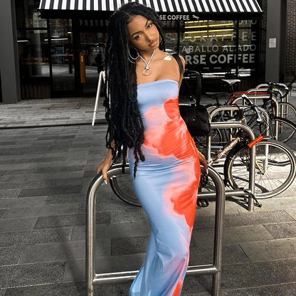 Women’s Strapless Printed Maxi Dress - Off Shoulder Backless Stretch Summer Beach Y2K Sundress