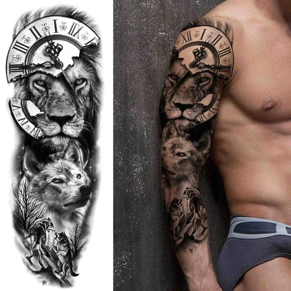 Full Arm Temporary Tattoo Sleeve - Realistic Warrior Lion Tiger Flower & Maori Design Fake Tattoos