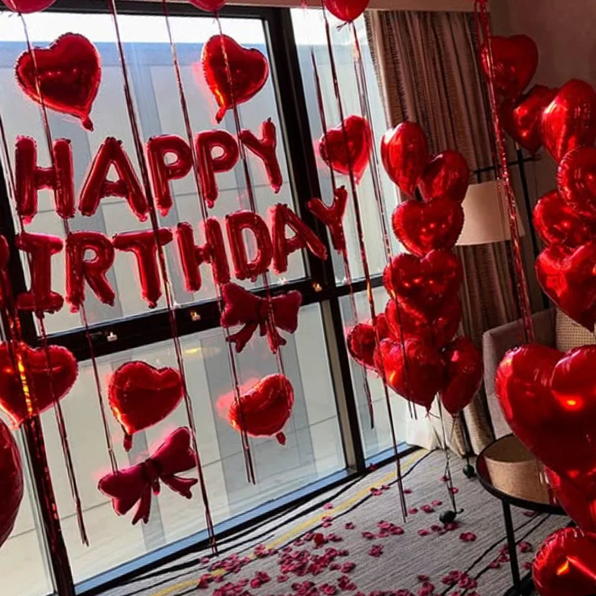 Red Birthday Balloon Set - Heart Foil Balloons with Bow & Simulated Rose Petals for Valentine’s Day Party Decor