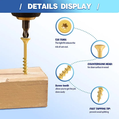 250-Piece T25 Yellow Wood Screws - #8 x 1.5-Inch Star Drive Self-Tapping Screws for DIY, Decks, Fences & Furniture