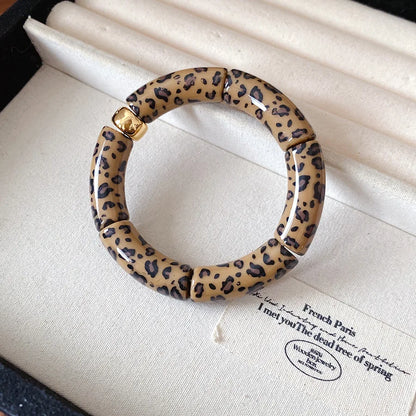 Leopard Print Bamboo Tube Acrylic Bracelets - Retro Stretch Beaded Bangles for Women & Men, Stackable Jewelry Gift