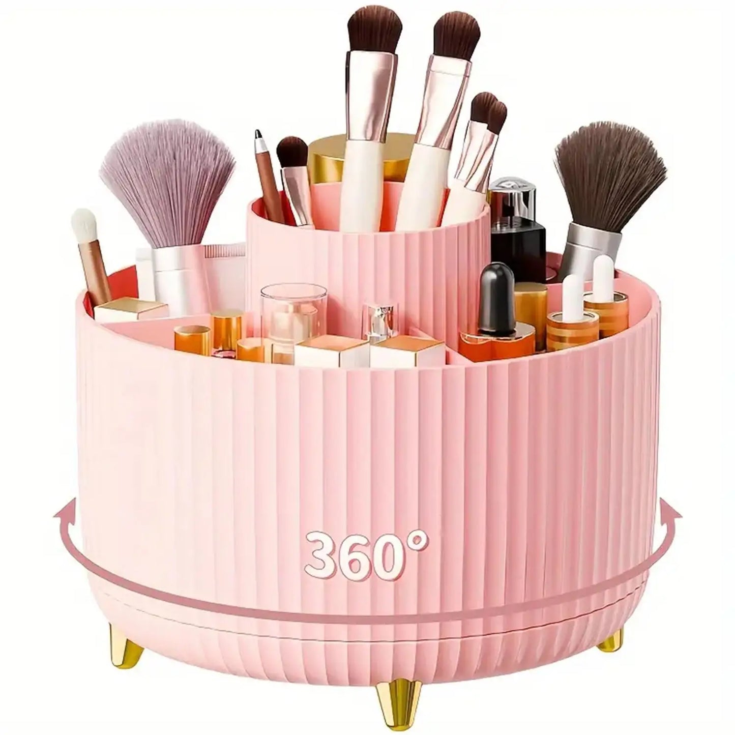 360° Rotating Makeup Organizer - 5 Compartment Plastic Cosmetic Holder for Brushes & Beauty Storage