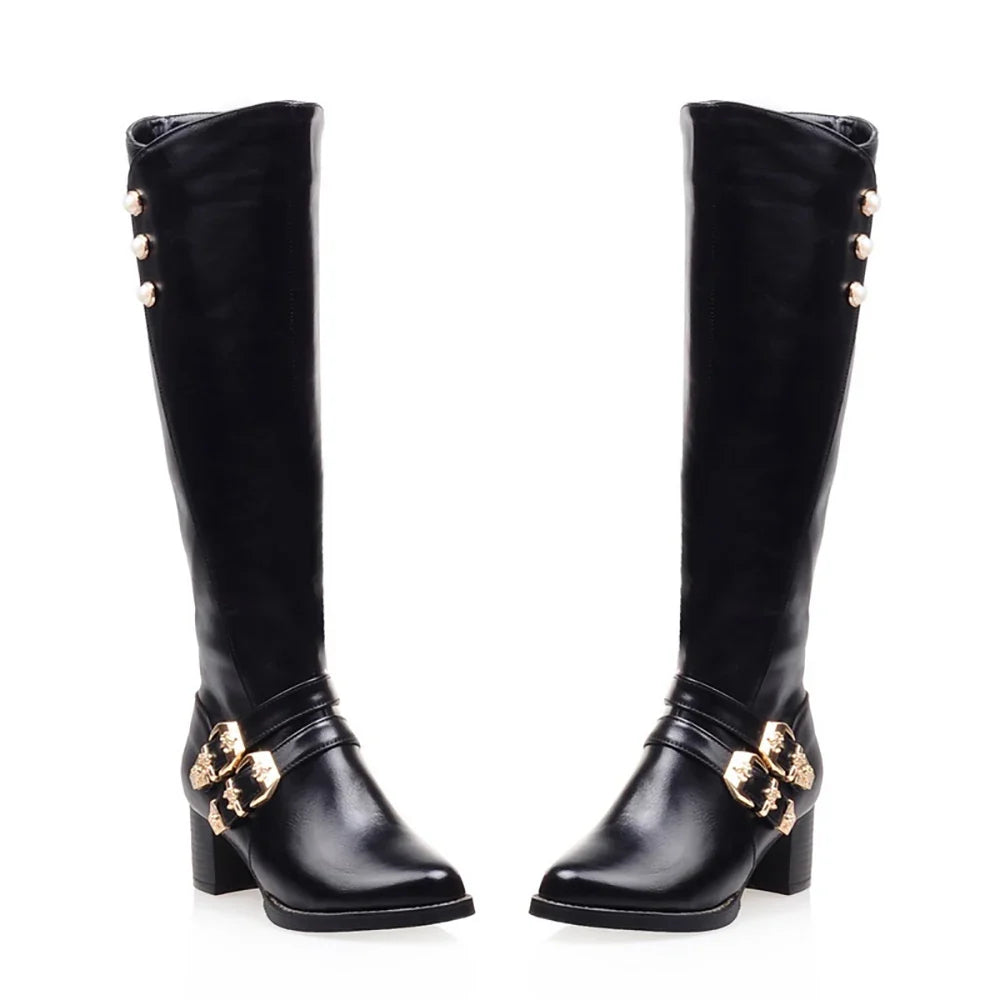 Women's Knee High Riding Boots - Winter Glamour Brown Red Chunky Heel Fashion Boots Plus Size Footwear