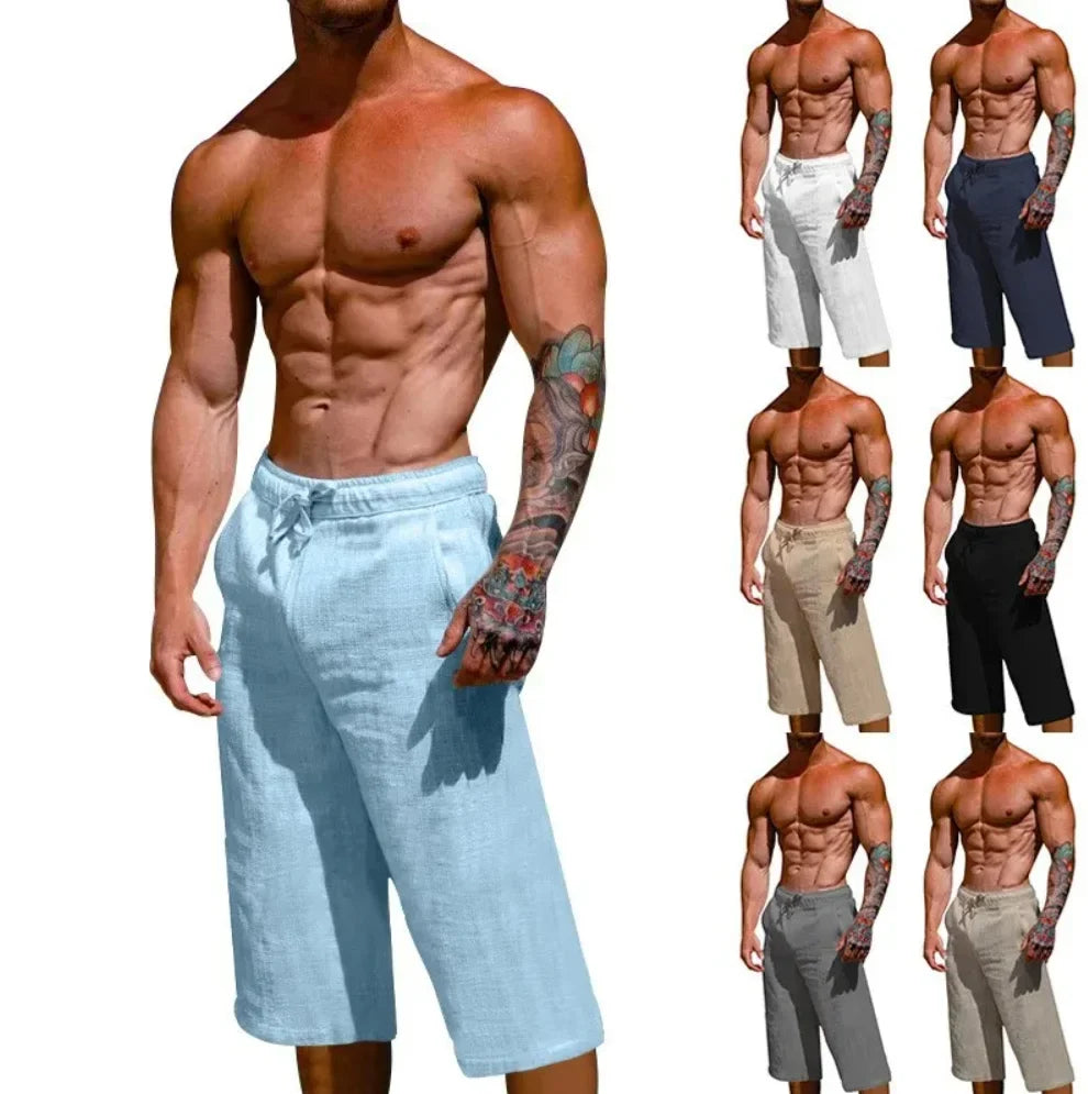 Men's Cotton Blend 3/4 Length Shorts - Casual Loose Fit Drawstring Summer Shorts with Pockets