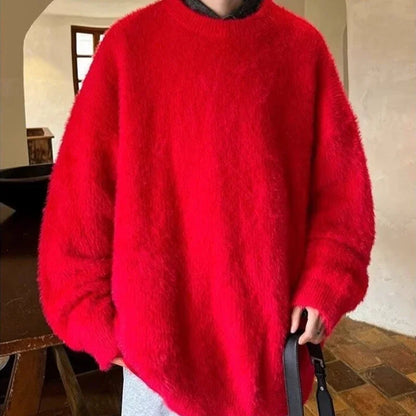 Men's Autumn Fluffy Knit Sweater - Loose Warm Korean Style Y2K Vintage Winter Pullover