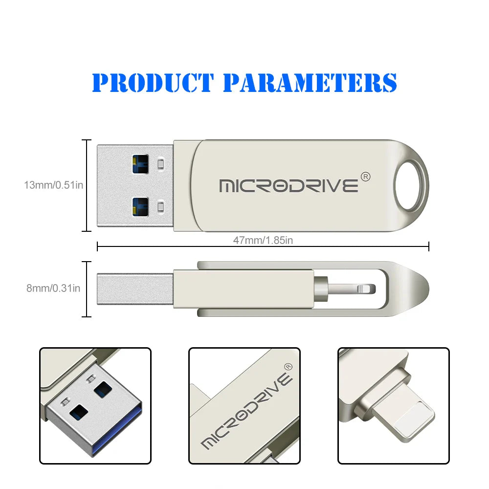 Metal OTG USB 3.0 Pen Drive – 32GB, 64GB, 128GB, 256GB Memory Stick for iPhone, iPad, Lightning, iOS