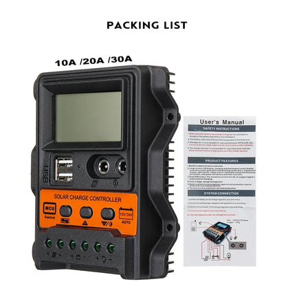 Solar Charge Controller PWM 10A-30A - LCD Display 12V/24V Regulator with Dual USB 5V Output