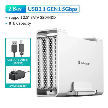 Yottamaster 1/2 Bay RAID Hard Drive Enclosure — 2.5"/3.5" SATA SSD/HDD External Case USB 3.1 Type-C 10Gbps, Supports Up to 2×16TB
