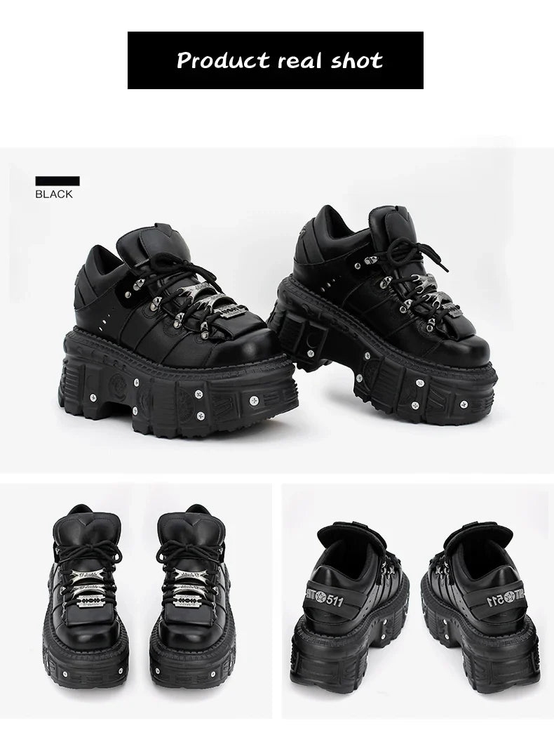 New Punk Style Lace-up Women’s Platform Boots with 6CM Heel, Gothic Rock Ankle Boots, Metal Decor Sneakers