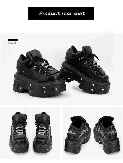 New Punk Style Lace-up Women’s Platform Boots with 6CM Heel, Gothic Rock Ankle Boots, Metal Decor Sneakers