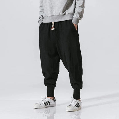 Men’s Cotton Linen Harem Pants – Solid Color Baggy Drop-Crotch Joggers with Elastic Waist Casual Streetwear Trousers