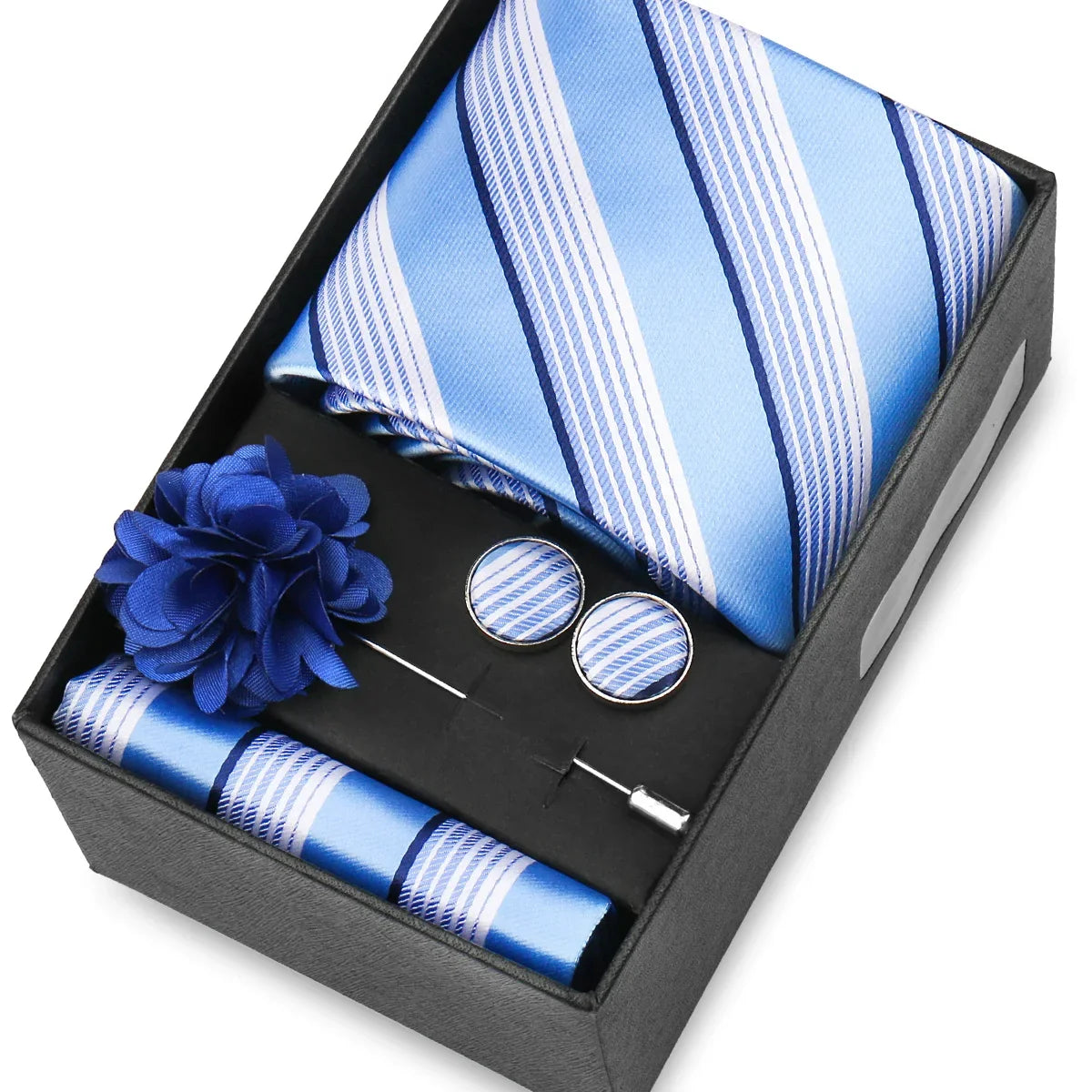 Elegant Men’s Necktie Gift Set - Fashion Tie with Handkerchief, Cufflinks & Brooch Pin Accessories for Business & Wedding