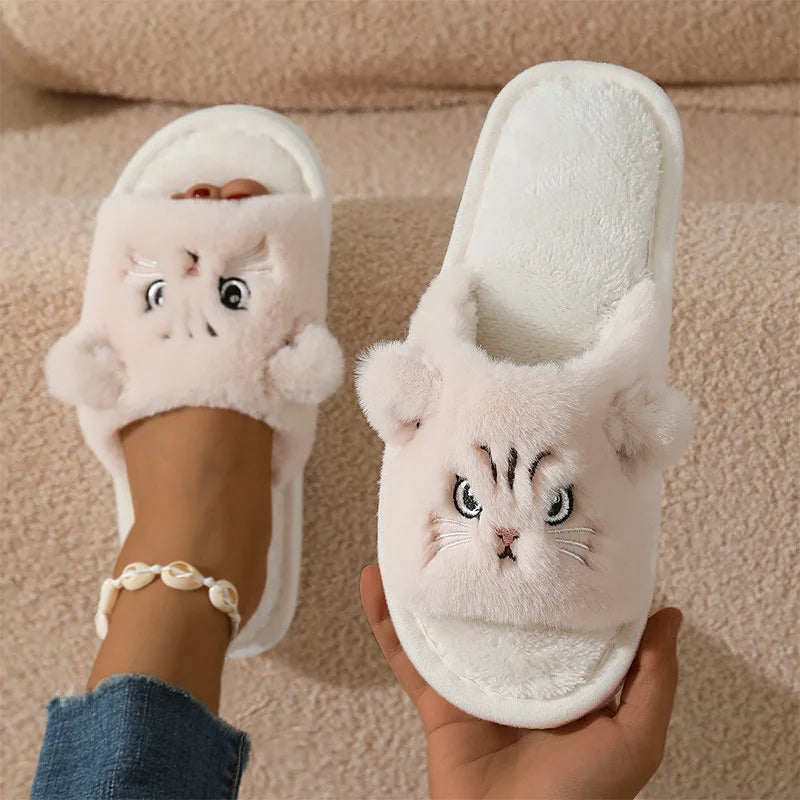 Cartoon Cat Plush Slippers - Women’s Open Toe Faux Fur Indoor Shoes with Non-Slip Wave Sole