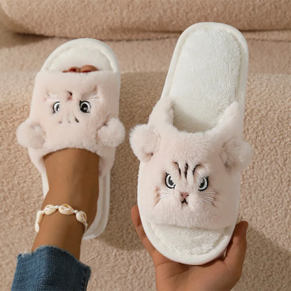 Cartoon Cat Plush Slippers - Women’s Open Toe Faux Fur Indoor Shoes with Non-Slip Wave Sole