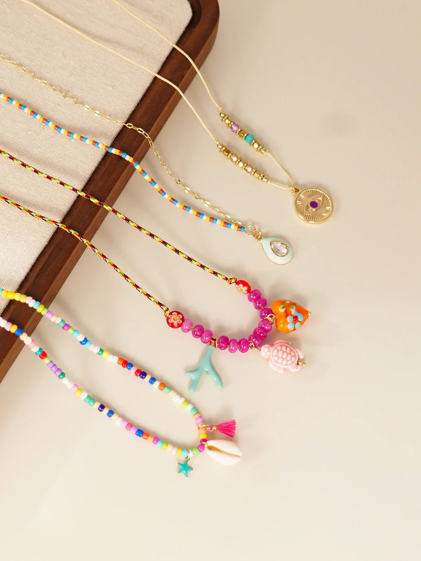 4pcs Bohemian Charm Necklace Set - Ethnic Devil’s Eye, Love Turtle Ceramic Pendant Multi Layer Party Jewelry