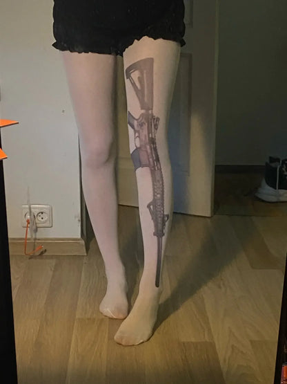 Y2K Letter Pattern Tights - Punk Black & White Sheer Stockings for Women, JK Fashion Style