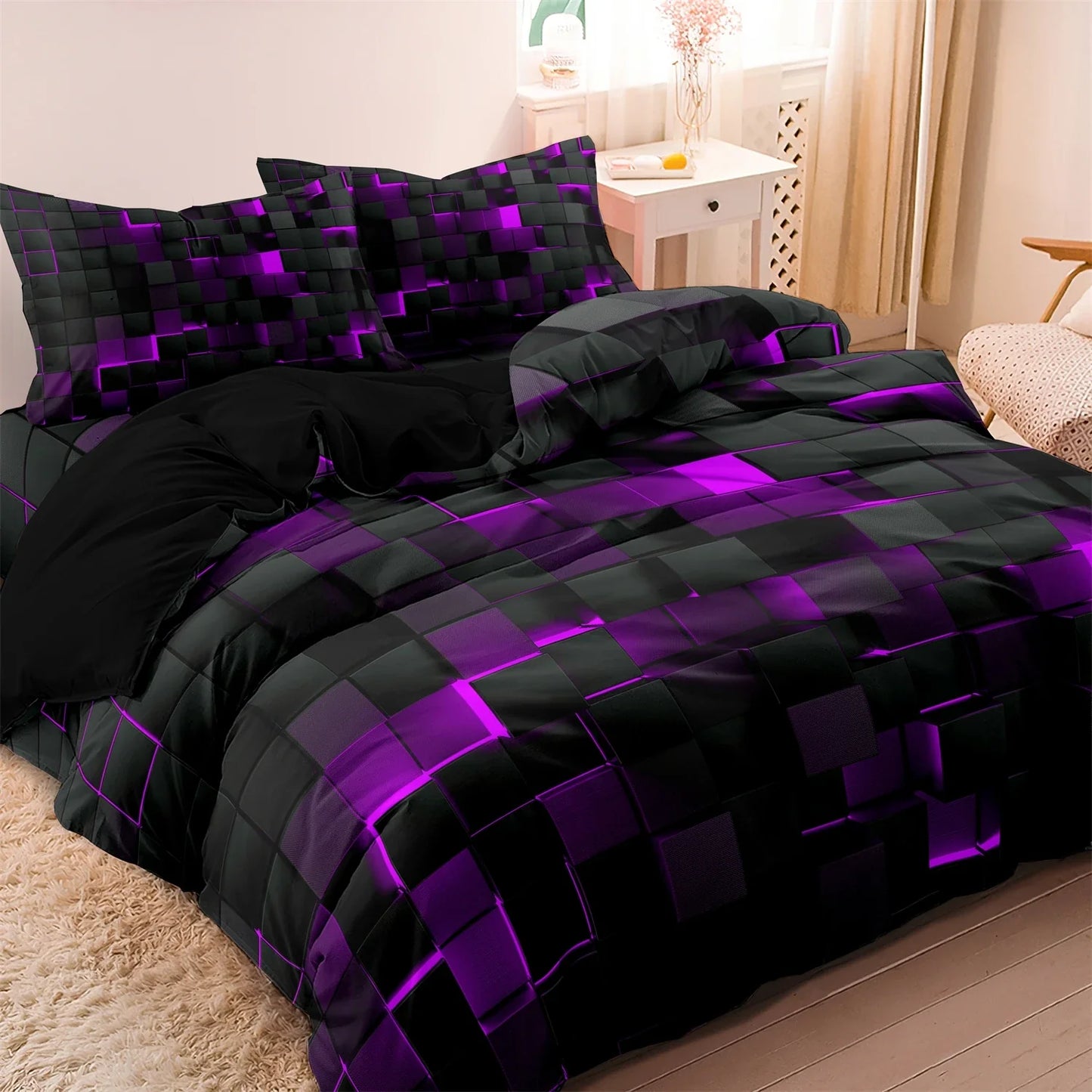 3PCS Geometric Grid Duvet Cover Set - Soft Plaid Bedding with 2 Pillowcases