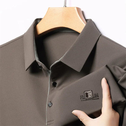 Men's Business Casual Short Sleeve Polo Shirt - Solid Color Breathable Badge Polo Top