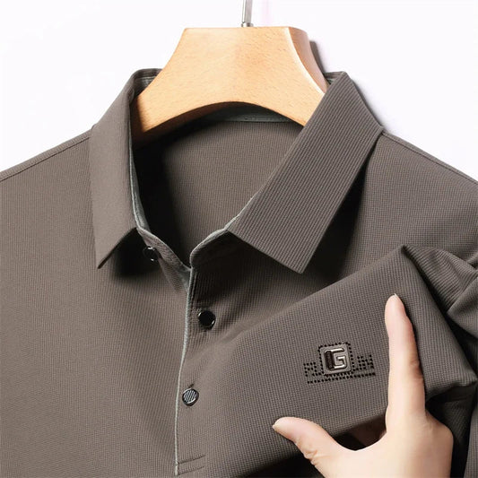 Men's Business Casual Short Sleeve Polo Shirt - Solid Color Breathable Badge Polo Top